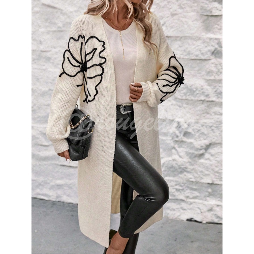 Off White Long Duster Cardigan Knit Black Flower Appliqué